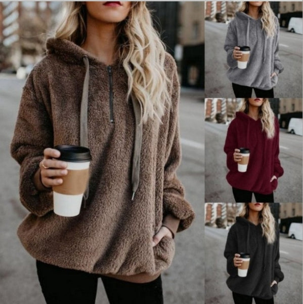 Winter Warm Casual Double Fuzzy 1/4 Zip Sweatshirt Faux Fleece Pocket Long Sleeve Oversize Sherpa Pullover Hoodies Coat Outwear