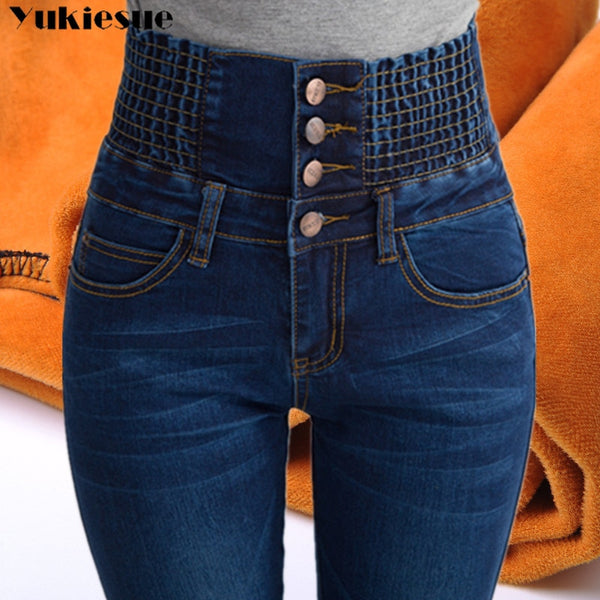 Womens Winter Jeans High Waist Skinny Pants Fleece Lined Elastic Waist Jeggings Casual Plus Size Jeans For Women Warm Jeans