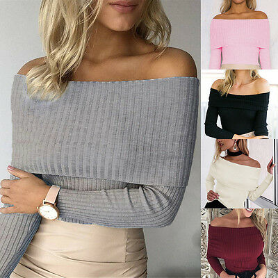 Fashion Womens Stylish Solid Color Sexy One Collar Off Shoulder Casual Bardot Tops Knitted Ribbed Sweater Jumper Blouses Tops
