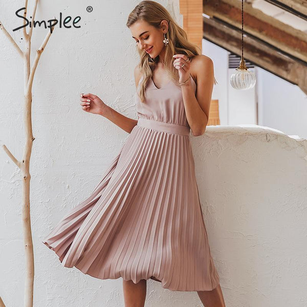 Simplee Sexy v-neck women party dress Elegant spaghetti strap female pleated office dress Solid female pink midi summer dresses