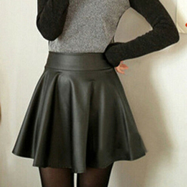 Fashion Women High Waist Pleated Short Mini Faux Leather Skirt
