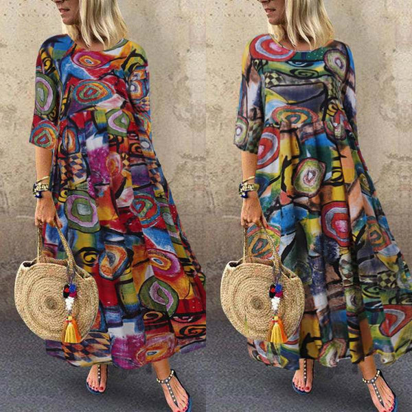 2019 Autumn Summer ZANZEA Dress Women Vintage Vestidos Robe Pleated Printed Long Maxi Dresses Plus Size Femme 3/4 Sleeve Tunic