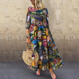 2019 Autumn Summer ZANZEA Dress Women Vintage Vestidos Robe Pleated Printed Long Maxi Dresses Plus Size Femme 3/4 Sleeve Tunic