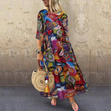 2019 Autumn Summer ZANZEA Dress Women Vintage Vestidos Robe Pleated Printed Long Maxi Dresses Plus Size Femme 3/4 Sleeve Tunic