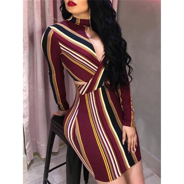 Hot sale women's fashion summer sexy  bodycon stand long sleeve stripe evening party club short mini dress