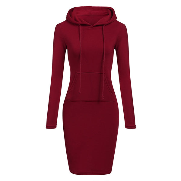 Autumn Winter Warm Sweatshirt Long-Sleeved Dress 2018 Woman Clothing Hooded Collar Pocket Design Simple Woman Dress