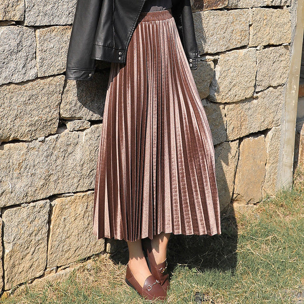 NEW Fashion Autumn Winter Pleated Skirt Womens Vintage High Waist Skirt Solid Long Skirts New Fashion Metallic Skirt Female #FRE