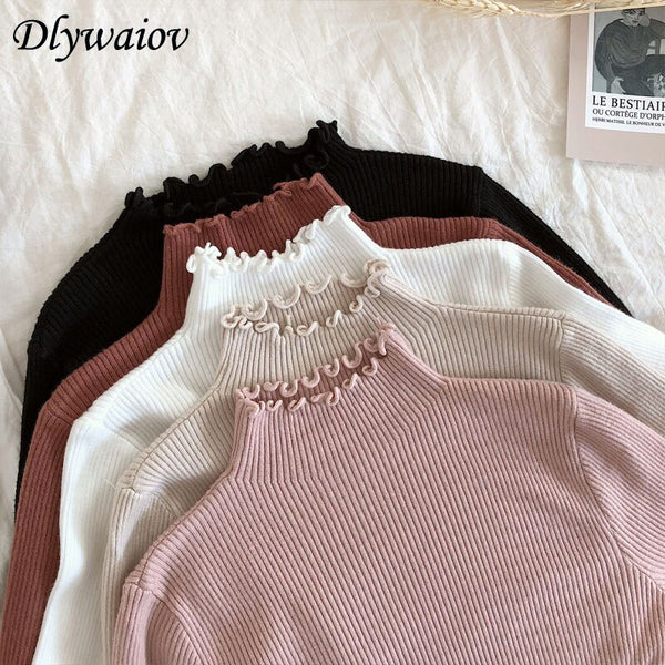 New Ruffled Turtleneck Sweater Women 2019 Autumn Winter Fashion Sweater High Elastic Slim Knit Pullover Female Jumper Pull Femme